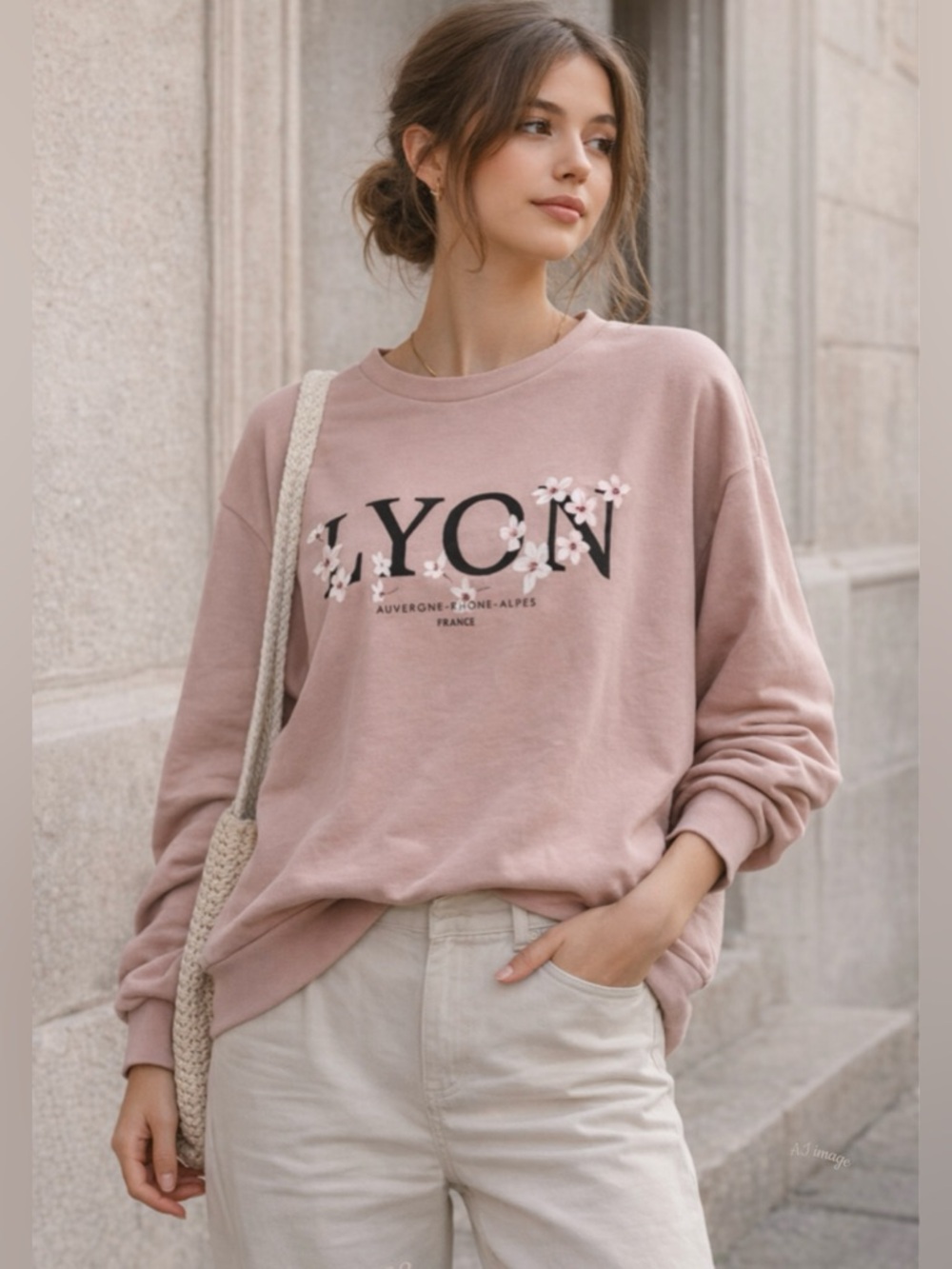 Lyon France Graphic Sweatshirt Dusty Rose Oversized L Soft Girl Casual